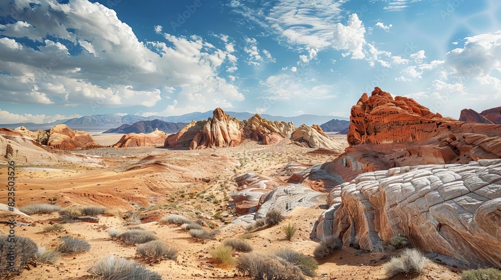 surreal desert landscape with giant red rock formations and blue sky