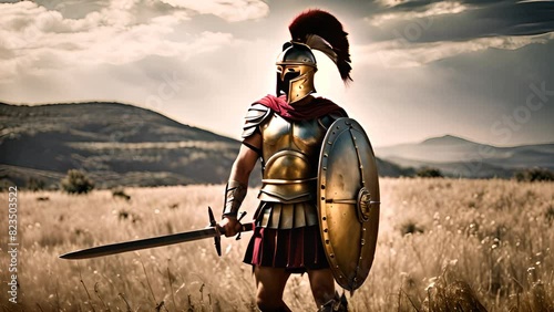 Roman Soldier Standing in Field With Mountains Background Generative AI photo