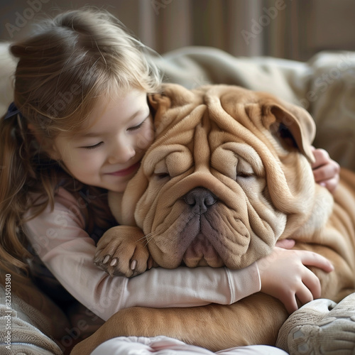 little girl  with her Shar Pei