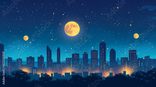 Fantasy digital illustration of a night cityscape with a large moon and a smaller one in a starry sky.