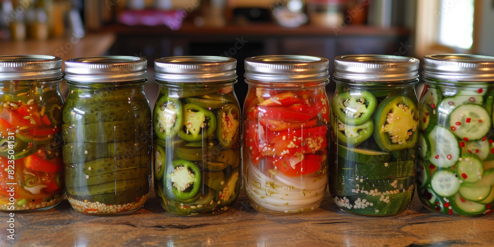 Assorted Homemade Pickles in Jars on Kitchen Counter Fresh Vegetables Preserved Assorted Homemade Pickles in Jars on Kitchen Counter Fresh Vegetables Preserved