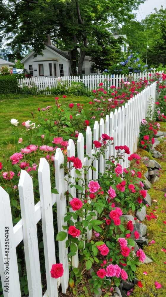 bushes of tender, blooming roses lining a white picket fence. bushes of tender, blooming roses lining a white picket fence.