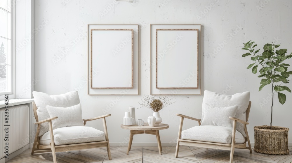 Fototapeta premium scandinavian living room interior with two empty frame oak --ar 16:9 Job ID: 4011334b-30a6-4237-b73f-e05c82b75fe7