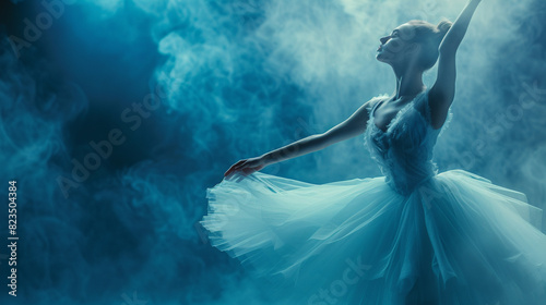 Ballet dancer with eyes closed, lost in the music, creating a graceful atmosphere, copy space, elegant performance, dynamic, blend mode, stage backdrop photo