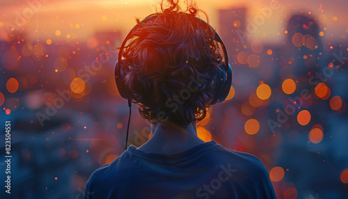 Person wearing headphones, lost in music, close up, serene auditory experience, vibrant, silhouette, urban backdrop photo