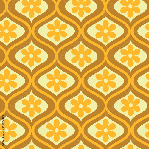 Retro yellow flower on mid century ogee seamless pattern. For home décor, wallpaper, fabric and textile