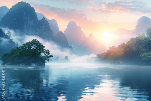 Misty sunrise over a rugged mountain, highlighting the peaks through the fog, selective focus, tranquil nature scene, realistic, overlay, river backdrop