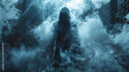 Mysterious figure emerging from swirling smoke  close up  enigmatic atmosphere  ethereal  silhouette  dark alley backdrop