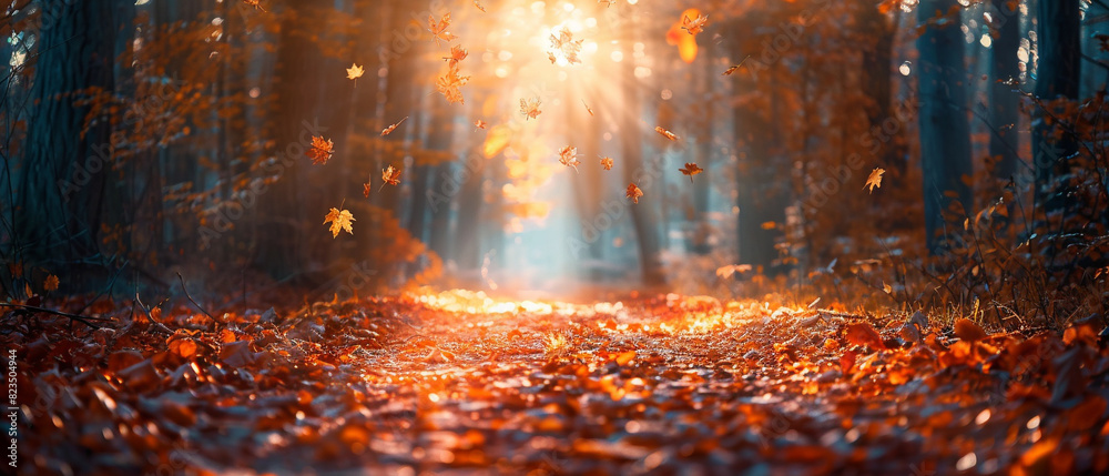 Sunlit autumn path in a dense forest, creating a warm glow, copy space, enchanting woodland view, dynamic, blend mode, fallen leaves backdrop Sunlit autumn path in a dense forest, creating a warm glow, copy space, enchanting woodland view, dynamic, blend mode, fallen leaves backdrop