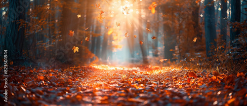 Sunlit autumn path in a dense forest, creating a warm glow, copy space, enchanting woodland view, dynamic, blend mode, fallen leaves backdrop