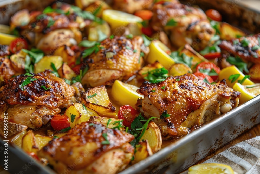 Succulent Roasted Chicken with Vegetables on Baking Tray Succulent Roasted Chicken with Vegetables on Baking Tray