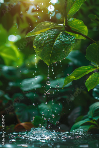 Close Up of Water Droplets Falling from Green Leaf in Sunlit Garden © smth.design