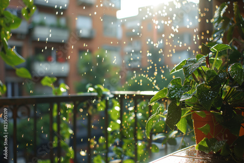 Raindrops on Green Plants with Sunlight in Urban Balcony Setting