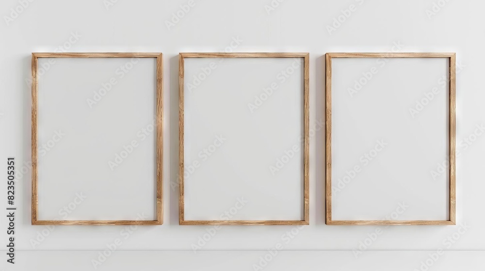 triple wooden frame mockup on white wall vertical banner display blank posters for customization 3d illustration triple wooden frame mockup on white wall vertical banner display blank posters for customization 3d illustration