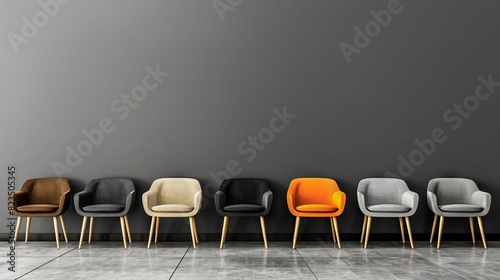 trendy chairs lined up in a row against grey wall modern interior design concept minimalist style