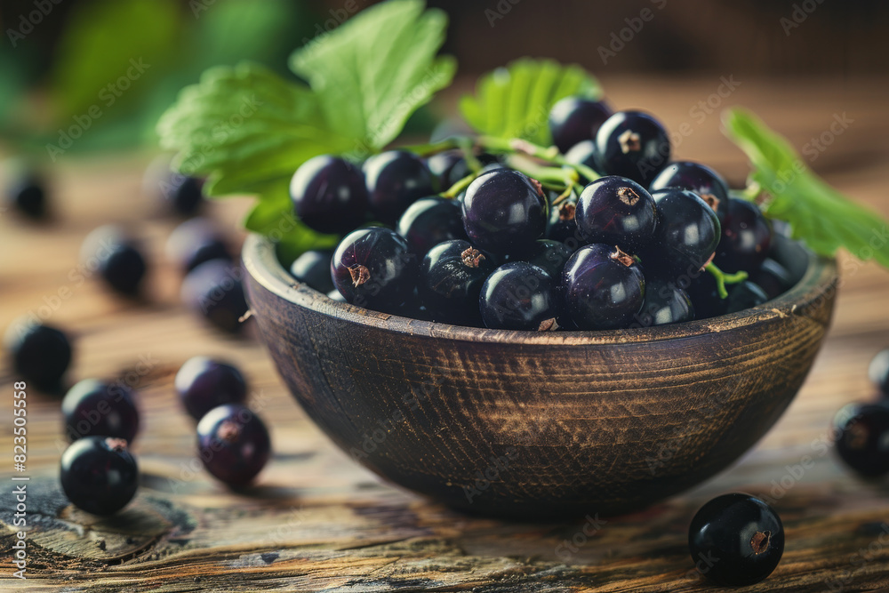 Fresh Black Currants in Rustic Wooden Bowl with Green Leaves on Wooden Table Fresh Black Currants in Rustic Wooden Bowl with Green Leaves on Wooden Table