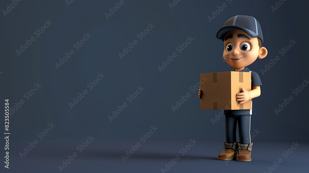 Cartoon courier character holding a cardboard box on isolated blue and black background with space for copy. Cartoon courier character holding a cardboard box on isolated blue and black background with space for copy.