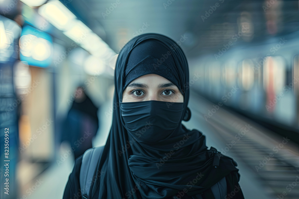Conservative Muslim woman in niqab traveling through subway station