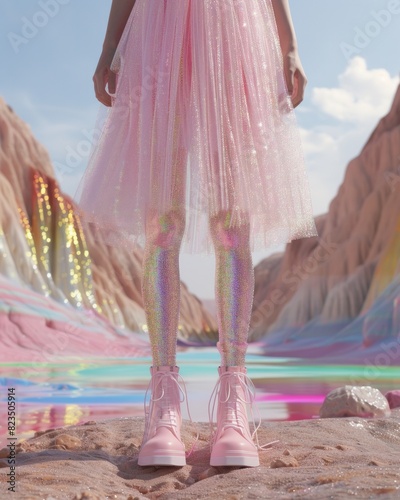 Sparkling leggings and pink boots against a whimsical desert backdrop with pastel hills