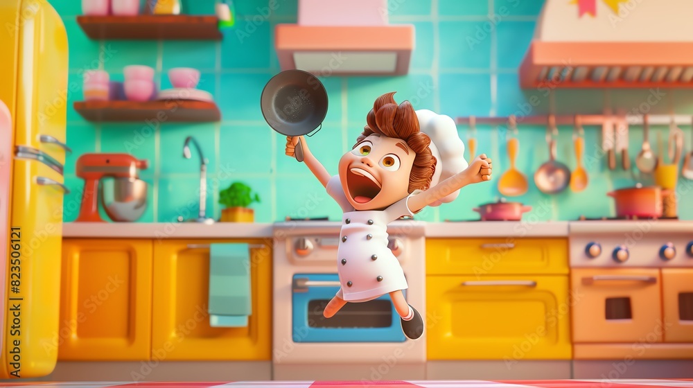 An enthusiastic cartoonstyle character, wearing a chefs hat and holding a frying pan, jumping for joy against a colorful kitchen backdrop, animated with a bouncing movement An enthusiastic cartoonstyle character, wearing a chefs hat and holding a frying pan, jumping for joy against a colorful kitchen backdrop, animated with a bouncing movement