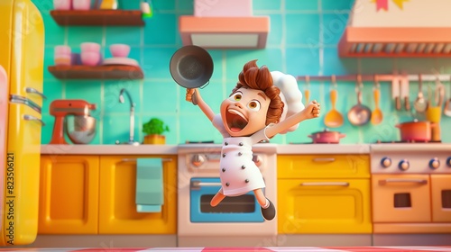An enthusiastic cartoonstyle character, wearing a chefs hat and holding a frying pan, jumping for joy against a colorful kitchen backdrop, animated with a bouncing movement © Tanawut