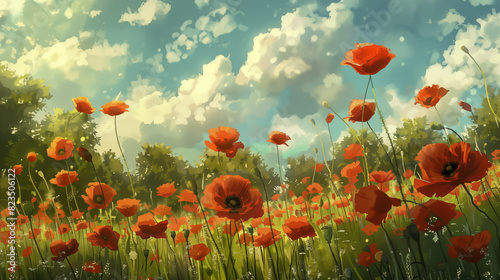 Red field of poppies against the sky, image for Remembrance Day 2024