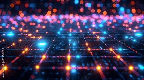 HighSpeed Data Network Visualized Through Radiant Neon Intersections on Slick Surfaces