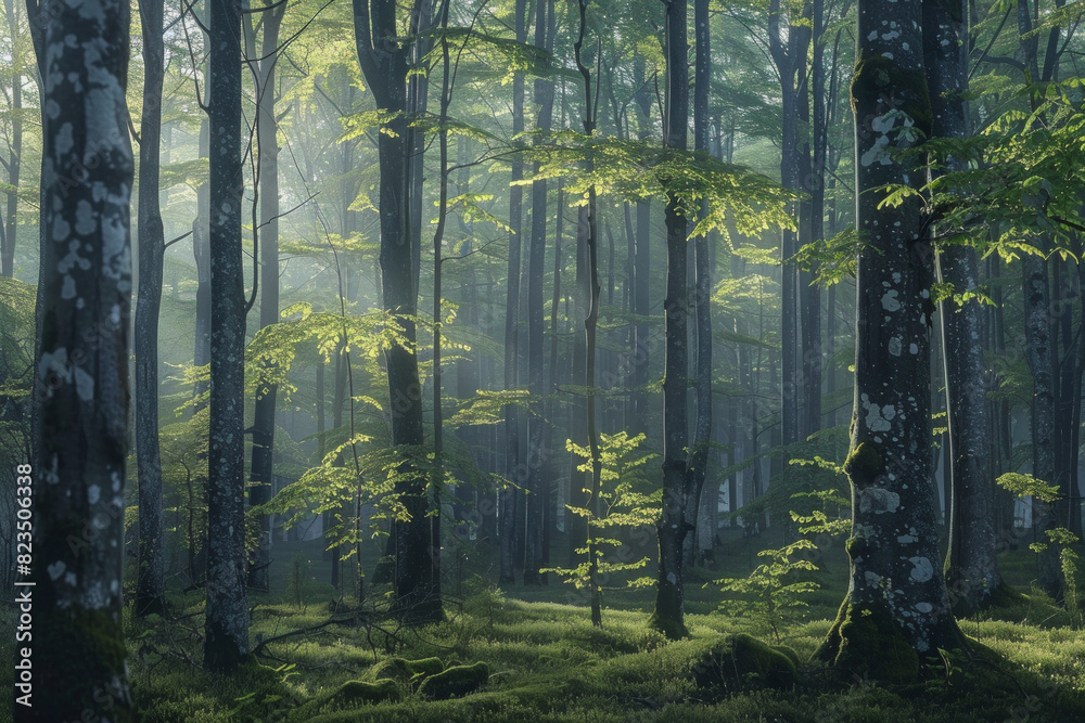 Fototapeta premium Green forest with beech trees, during spring time, with sun light and shadows, in a morning misty atmosphere.