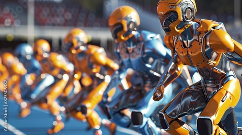 A group of yellow and blue robot football players are lined up, ready to play a game.

 photo