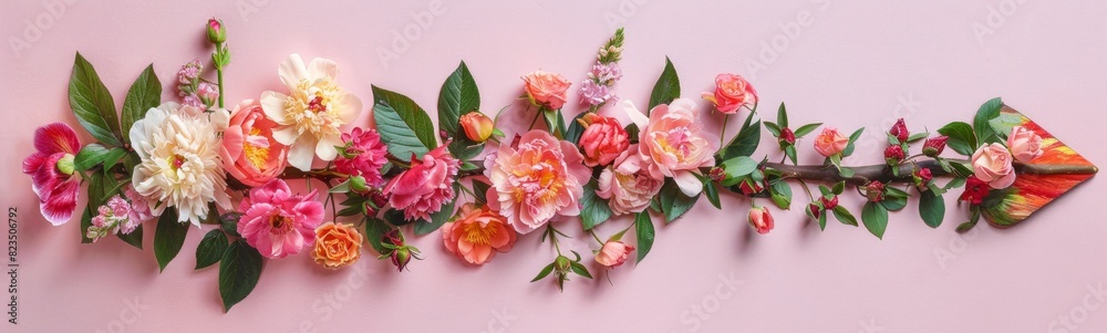 A horizontal line of mixed flowers and foliage spread across a gentle pink backdrop