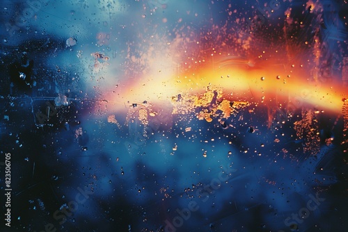 The abstract background is blue and orange and features a rainbow photo