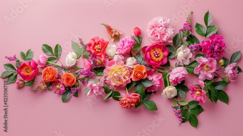 A beautiful arrangement of various colorful flowers and green leaves laid out on a pink surface © Glittering Humanity