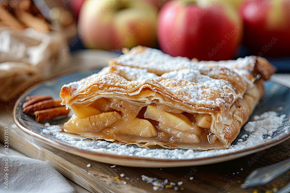 Delectable slice of classic German apple strudel with flaky pastry Delectable slice of classic German apple strudel with flaky pastry