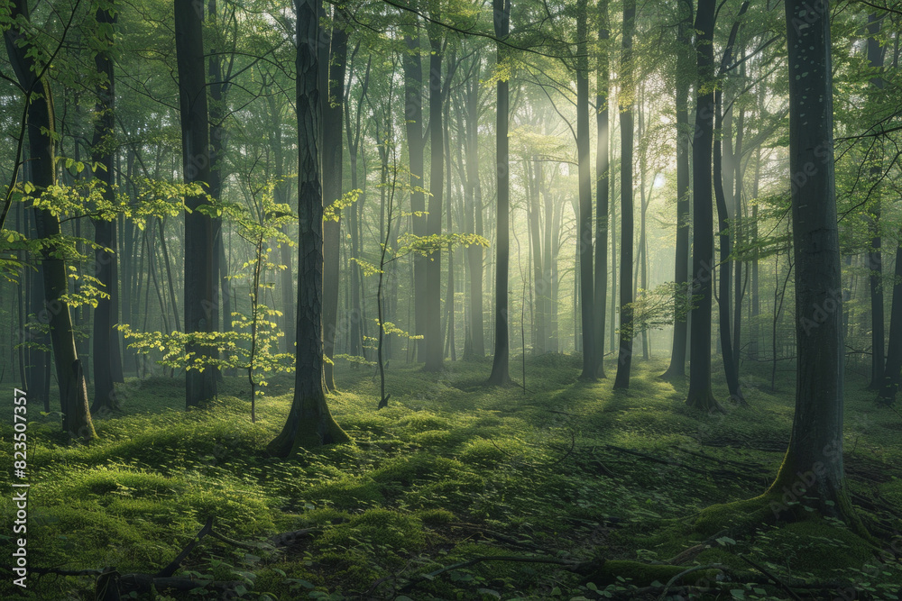 Fototapeta premium Green forest with beech trees, during spring time, with sun light and shadows, in a morning misty atmosphere.