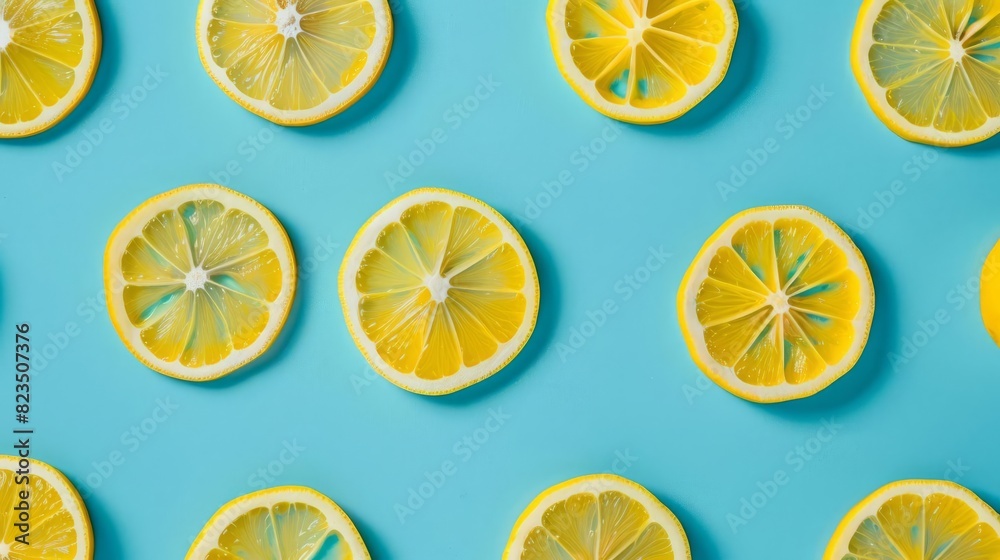 vibrant lemon slices pattern on turquoise background minimal flat lay food texture