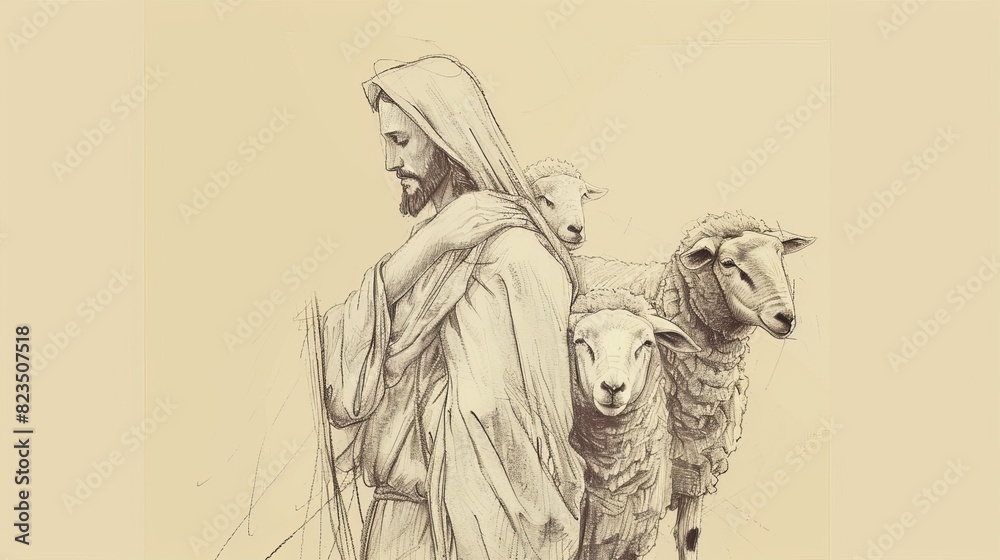 Fototapeta premium Redemption and Compassion: Jesus' Parable of the Lost Sheep, Biblical Illustration