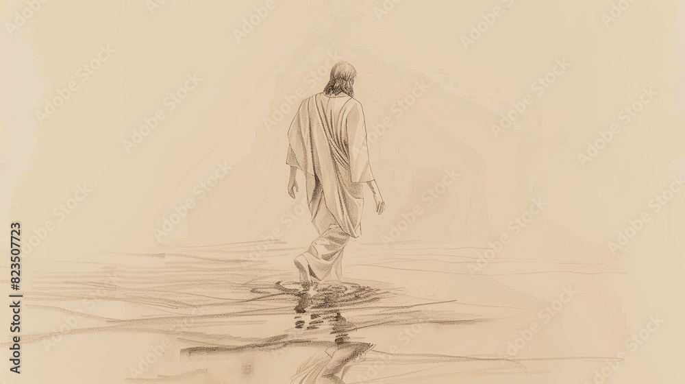Obraz premium Biblical Illustration of Jesus Walking on Water, Serene and Miraculous Scene for Religious Stock Photography