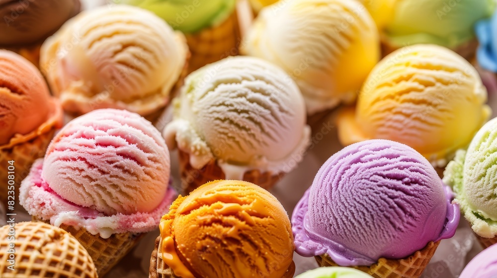 A row of colorful ice cream balls on a white background A row of colorful ice cream balls on a white background
