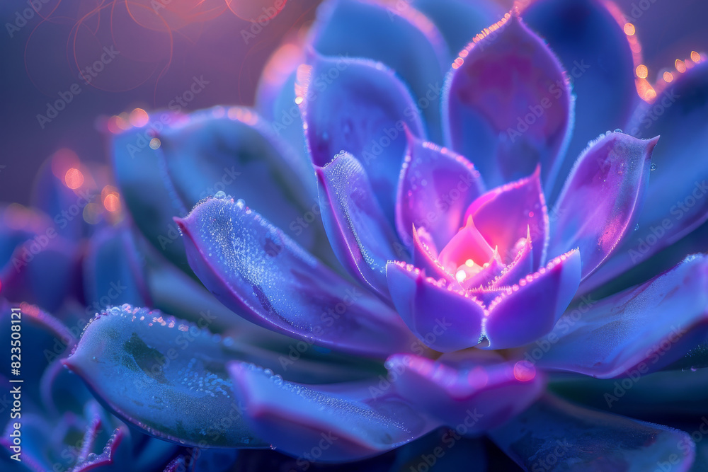 Close Up of Dew Covered Succulent Plant with Vibrant Purple and Blue Hues