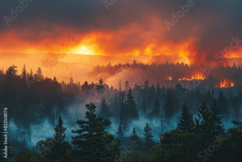 Intense Forest Fire Roaring Through Dense Pine Trees at Dusk