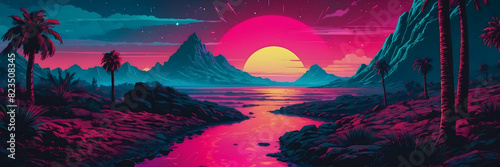 A digital illustration of a neon retro-futuristic landscape with a large sun setting over mountains and water photo