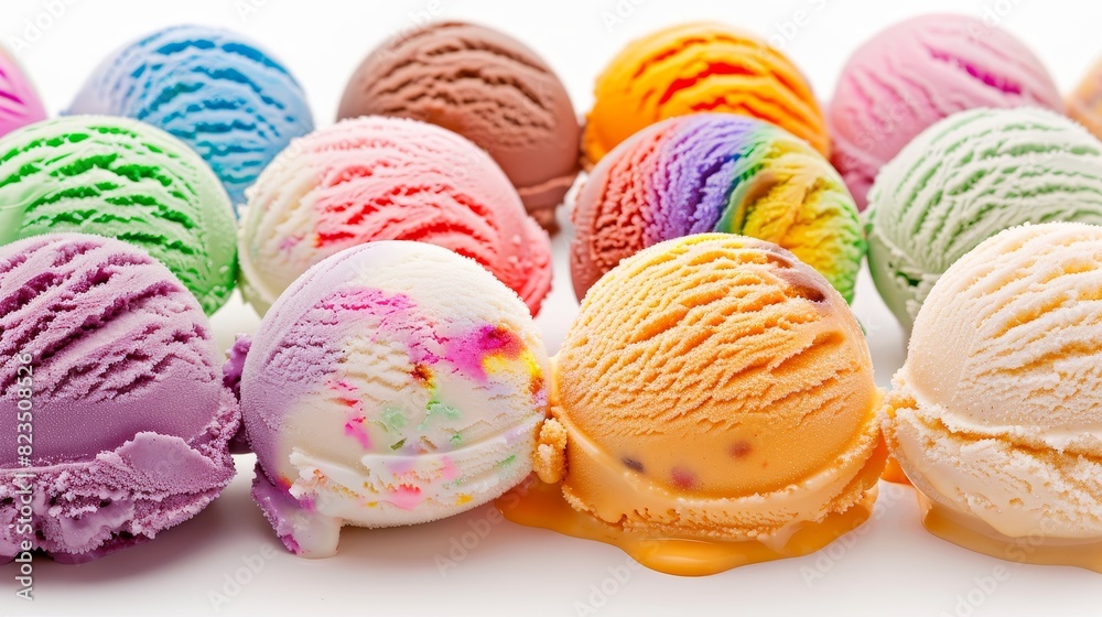 A row of colorful ice cream balls on a white background A row of colorful ice cream balls on a white background