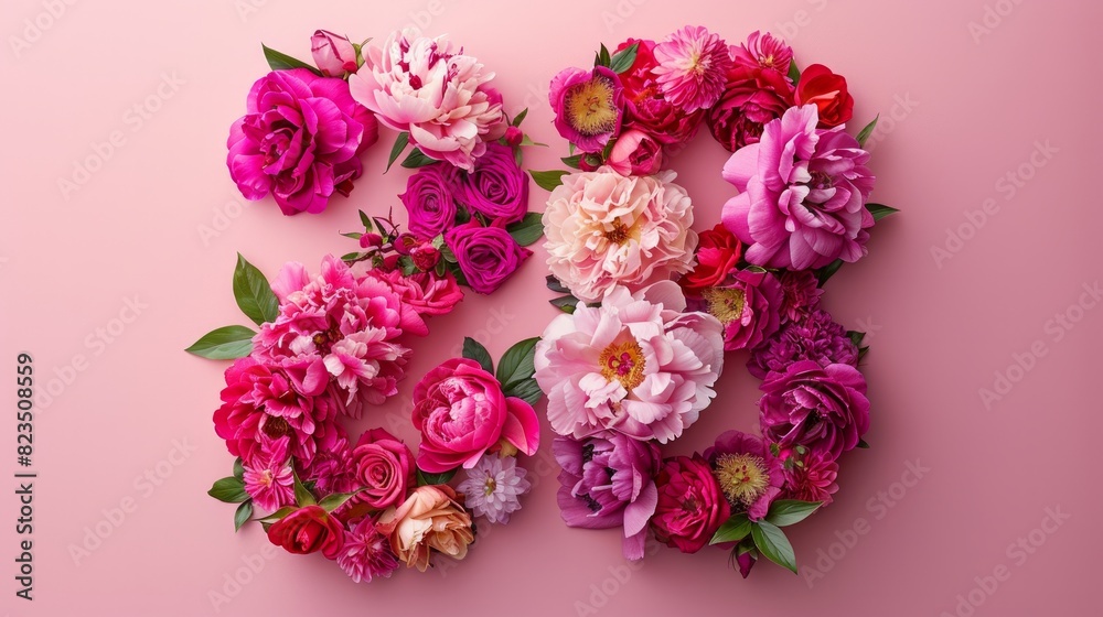 A letter G crafted from a mix of pink and red flowers, arranged against a soft pink background A letter G crafted from a mix of pink and red flowers, arranged against a soft pink background