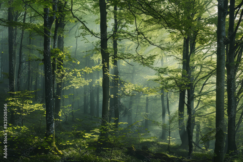 Green forest with beech trees, during spring time, with sun light and shadows, in a morning misty atmosphere. Green forest with beech trees, during spring time, with sun light and shadows, in a morning misty atmosphere.