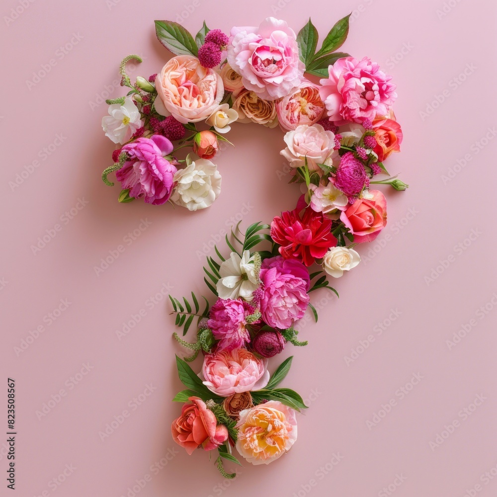 A collection of various beautiful flowers arranged in the shape of a question mark against a pink background