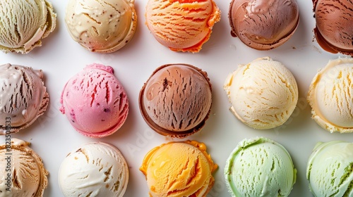 A row of colorful ice cream balls on a white background