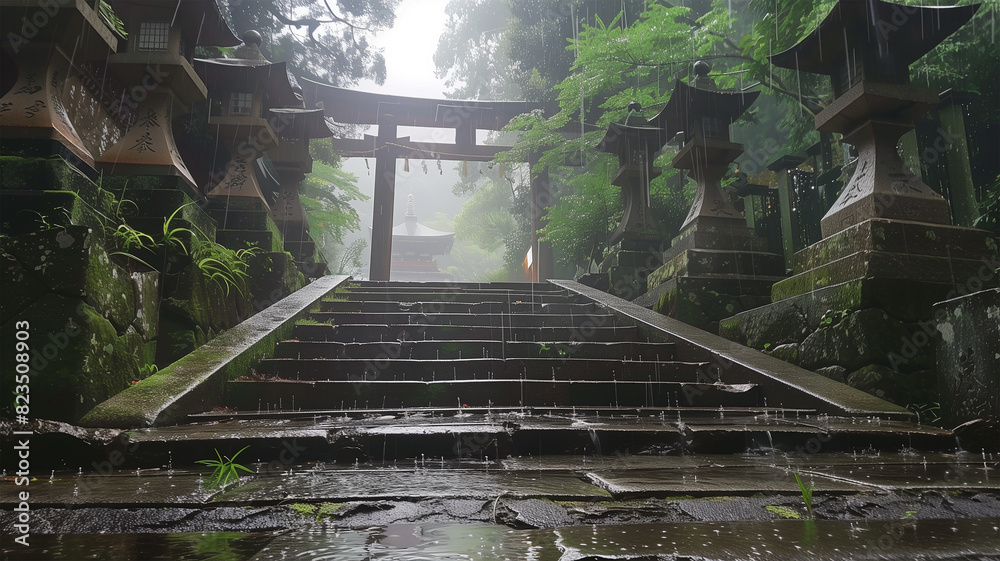 神社と雨 梅雨 Stock Illustration | Adobe Stock
