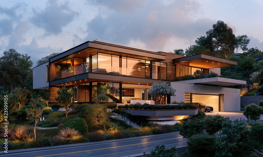3D rendering of a modern house on a hill with wood and glass accents in evening lighting 3D rendering of a modern house on a hill with wood and glass accents in evening lighting