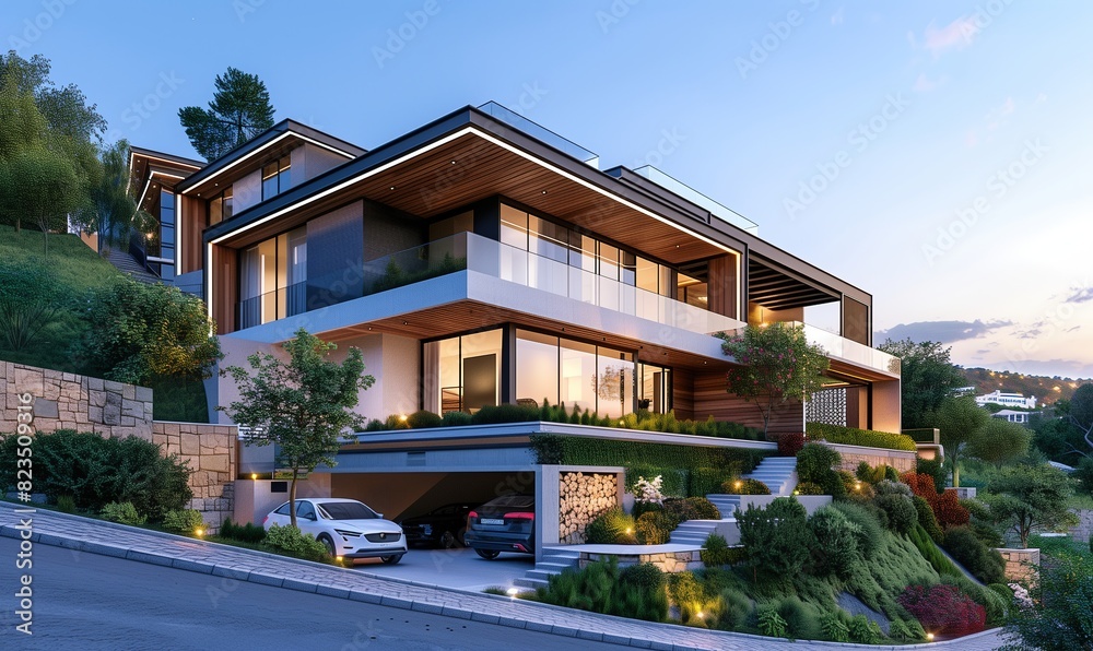 3D rendering of a modern house on a hill with wood and glass details in the evening with parking space for two cars