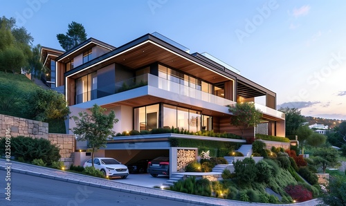3D rendering of a modern house on a hill with wood and glass details in the evening with parking space for two cars © Zhenrui